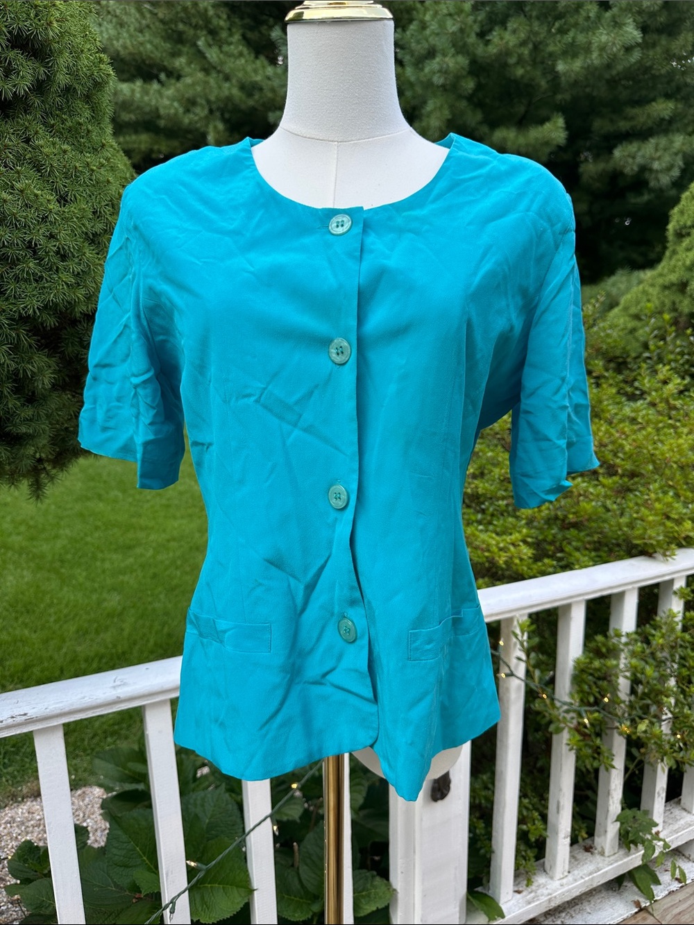 VINTAGE Turquoise Short-Sleeve Button Front Women's Top SILK David Hollis